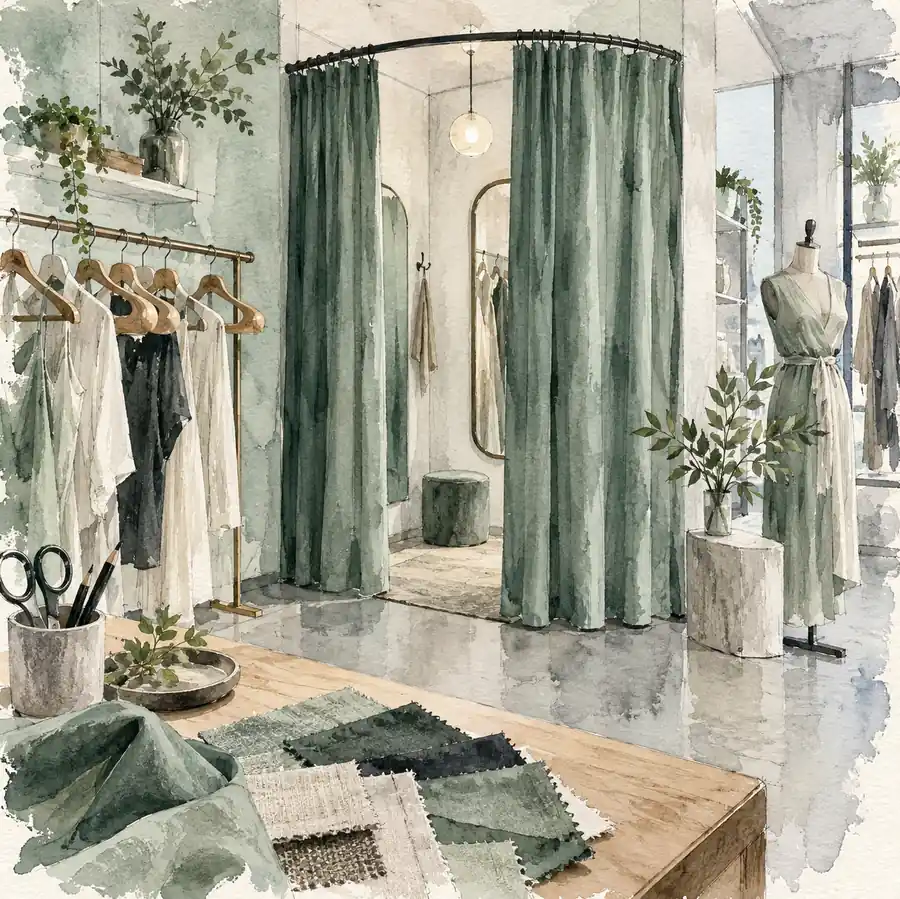 Illustration of apparel retailers equipment and workspace